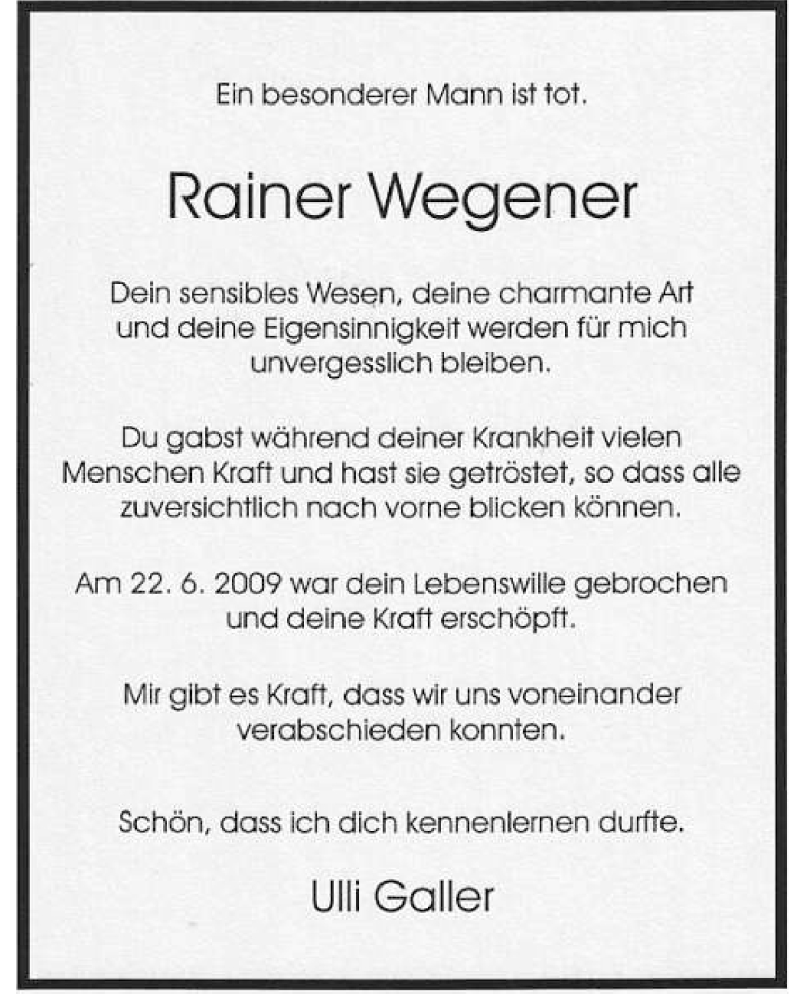 Traueranzeige für Rainer Wegener vom 25.06.2009 aus WESTFÄLISCHER ANZEIGER