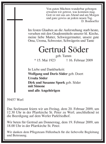 Traueranzeige von Gertrud Söder von WESTFÄLISCHER ANZEIGER