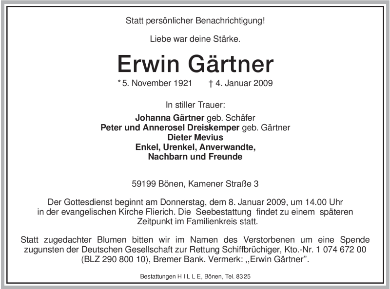  Traueranzeige für Erwin Gärtner vom 06.01.2009 aus WESTFÄLISCHER ANZEIGER