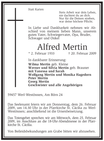 Traueranzeige von Alfred Mertin von WESTFÄLISCHER ANZEIGER
