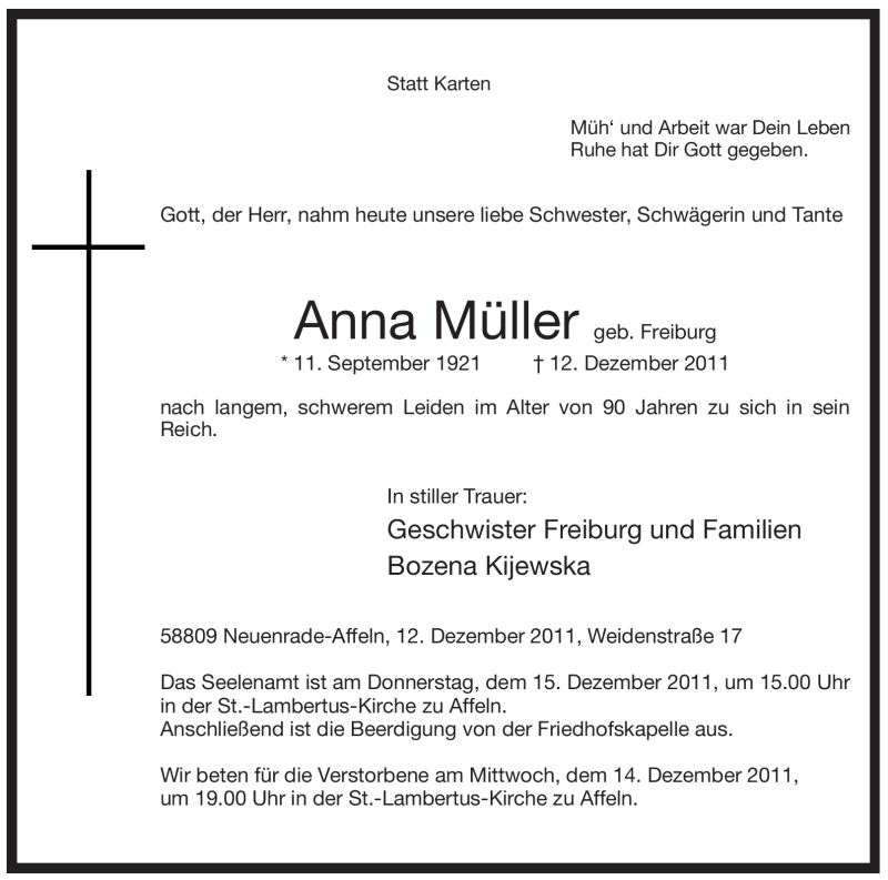  Traueranzeige für Anna Müller vom 14.12.2011 aus WESTFÄLISCHER ANZEIGER