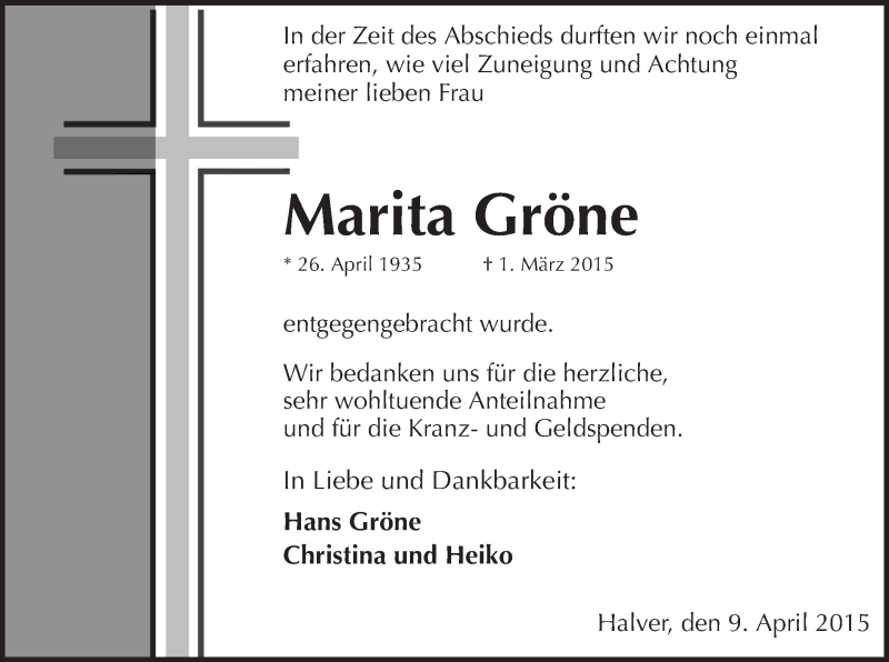  Traueranzeige für Marita Gröne vom 09.04.2015 aus MZV