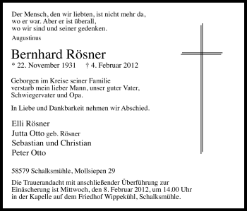 Traueranzeige von Bernhard Rösner von WESTFÄLISCHER ANZEIGER