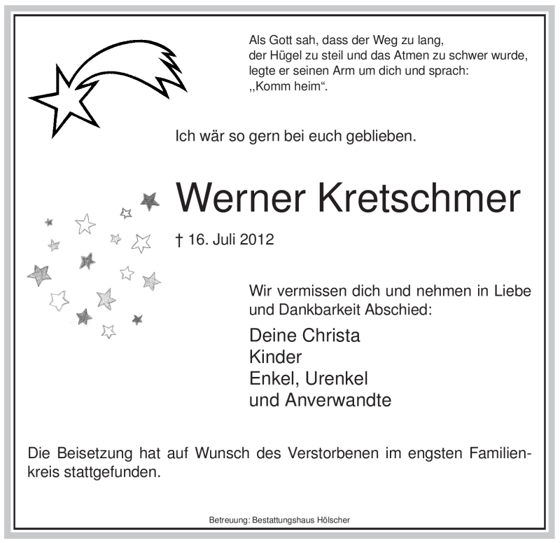  Traueranzeige für Werner Kretschmer vom 21.07.2012 aus WESTFÄLISCHER ANZEIGER