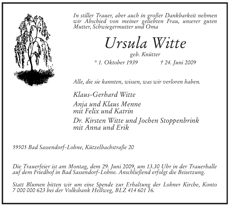  Traueranzeige für Ursula Witte vom 26.06.2009 aus WESTFÄLISCHER ANZEIGER