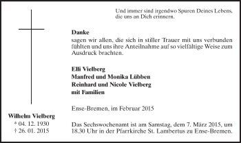 Traueranzeige von Wilhelm Vielberg von MZV