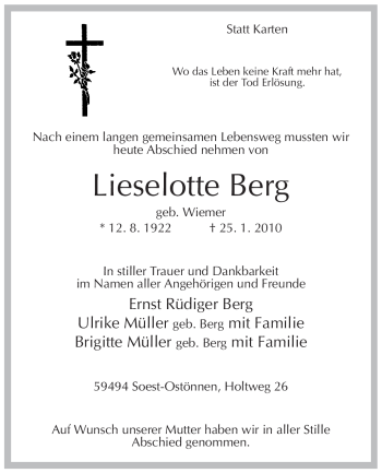 Traueranzeige von Lieselotte Berg von WESTFÄLISCHER ANZEIGER