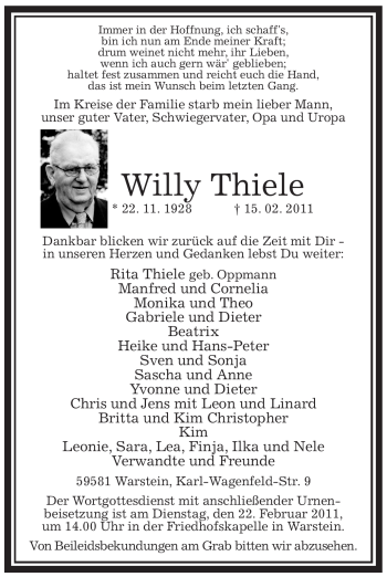 Traueranzeige von Willy Thiele von WESTFÄLISCHER ANZEIGER