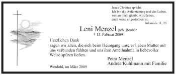 Traueranzeige von Leni Menzel von WESTFÄLISCHER ANZEIGER