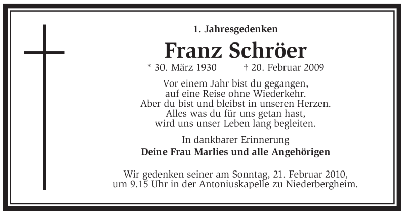  Traueranzeige für Franz Schröer vom 17.02.2010 aus WESTFÄLISCHER ANZEIGER
