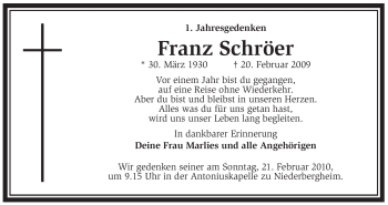 Traueranzeige von Franz Schröer von WESTFÄLISCHER ANZEIGER