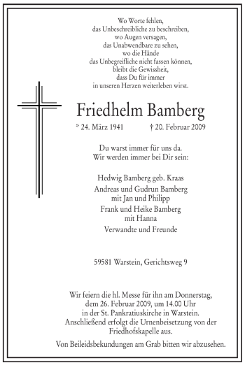 Traueranzeige von Friedhelm Bamberg von WESTFÄLISCHER ANZEIGER