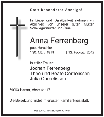 Traueranzeige von Anna Ferrenberg von WESTFÄLISCHER ANZEIGER