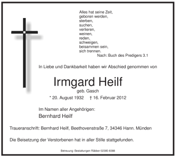 Traueranzeige von Irmgard Heilf von WESTFÄLISCHER ANZEIGER