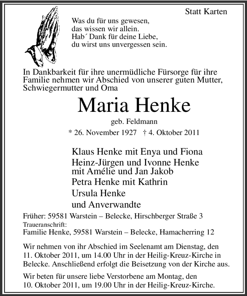  Traueranzeige für Maria Henke vom 07.10.2011 aus WESTFÄLISCHER ANZEIGER