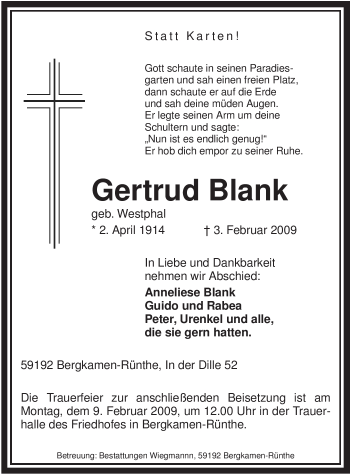 Traueranzeige von Gertrud Blank von WESTFÄLISCHER ANZEIGER