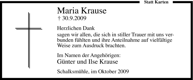  Traueranzeige für Maria Krause vom 28.10.2009 aus WESTFÄLISCHER ANZEIGER
