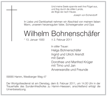 Traueranzeige von Wilhelm Bohnenschäfer von WESTFÄLISCHER ANZEIGER