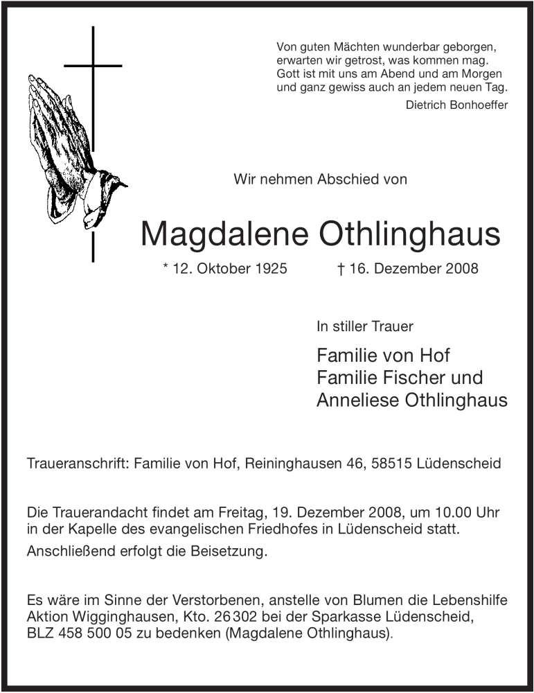 Traueranzeige für Magdalene Othlinghaus vom 18.12.2008 aus WESTFÄLISCHER ANZEIGER