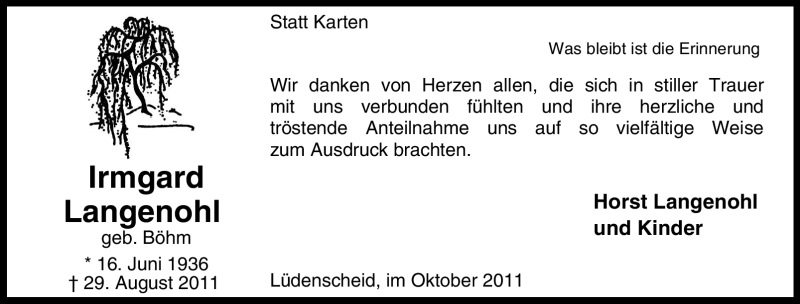  Traueranzeige für Irmgard Langenohl vom 01.10.2011 aus WESTFÄLISCHER ANZEIGER