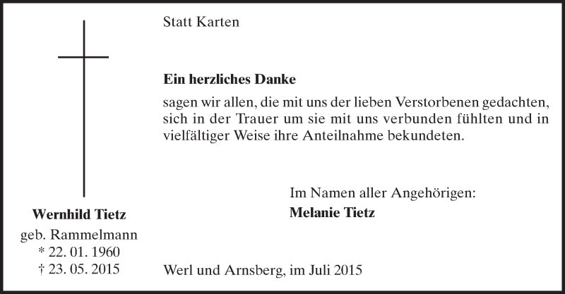  Traueranzeige für Wernhild Tietz vom 07.07.2015 aus MZV