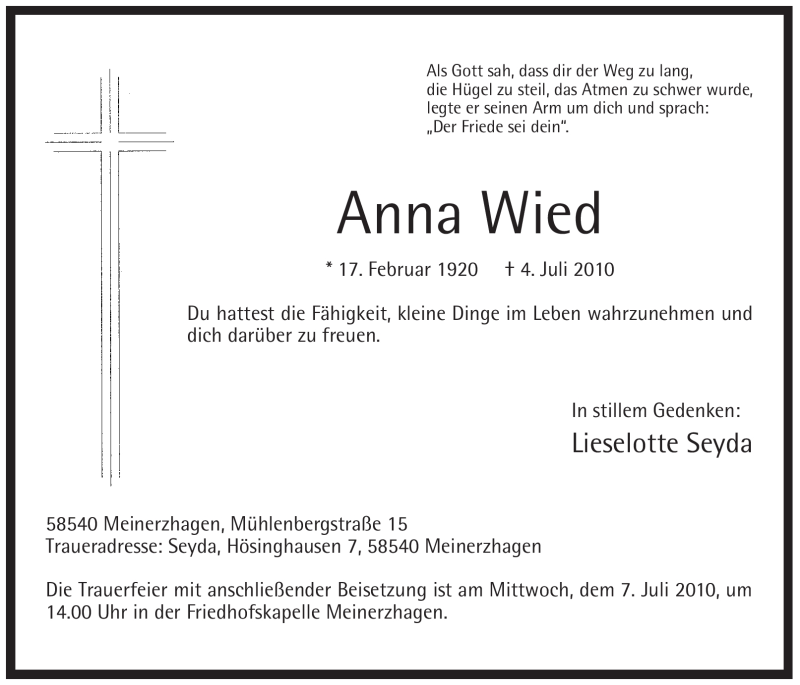  Traueranzeige für Anna Wied vom 06.07.2010 aus WESTFÄLISCHER ANZEIGER
