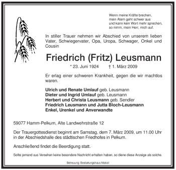 Traueranzeige von Friedrich (Fritz) Leusmann von WESTFÄLISCHER ANZEIGER