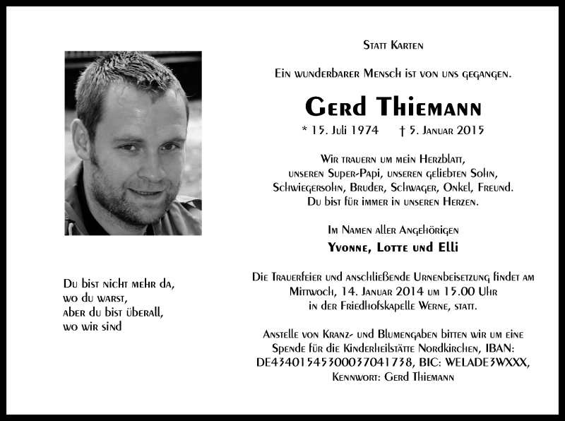  Traueranzeige für Gerd Thiemann vom 10.01.2015 aus MZV