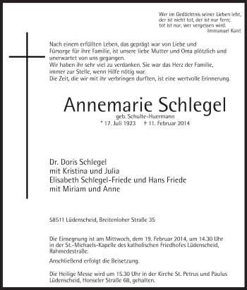 Traueranzeige von Annemarie Schlegel von MZV