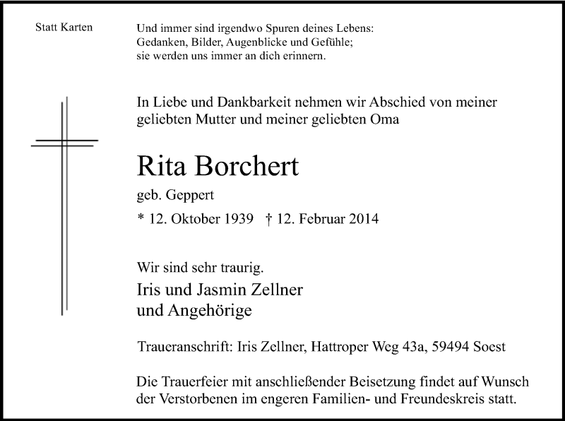  Traueranzeige für Rita Borchert vom 15.02.2014 aus MZV