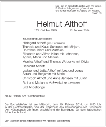Traueranzeige von Helmut Althoff von MZV
