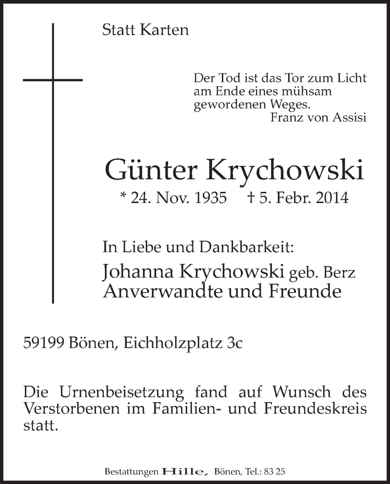 Traueranzeige für Günter Krychowski vom 15.02.2014 aus MZV