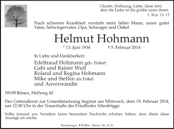 Traueranzeige von Helmut Hohmann von MZV