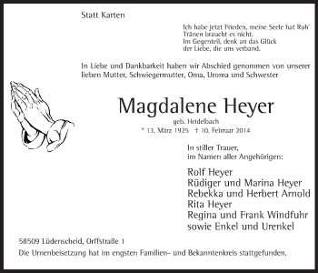Traueranzeige von Magdalene Heyer von MZV