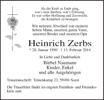 Traueranzeige von Heinrich Zerbs von MZV