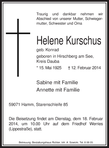 Traueranzeige von Helene Kurschus von MZV