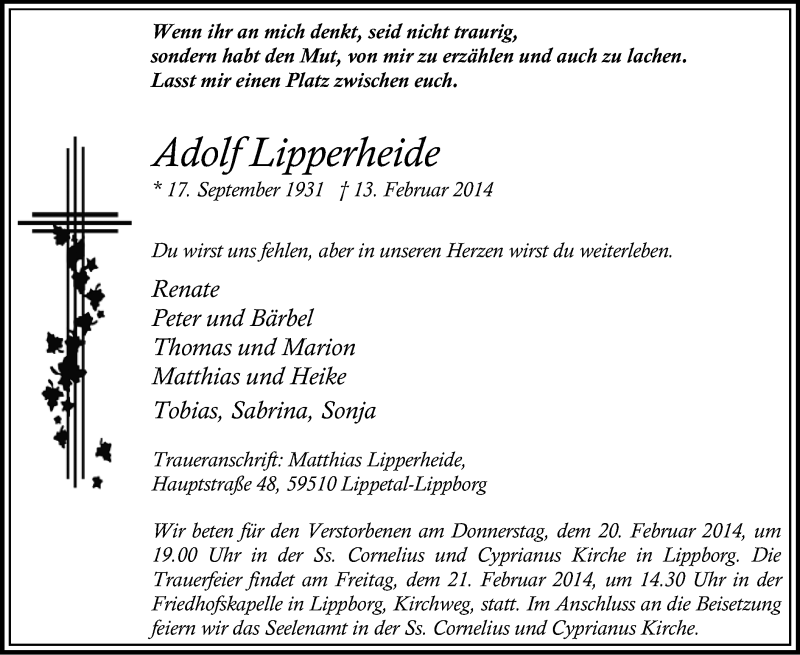  Traueranzeige für Adolf Lipperheide vom 15.02.2014 aus MZV