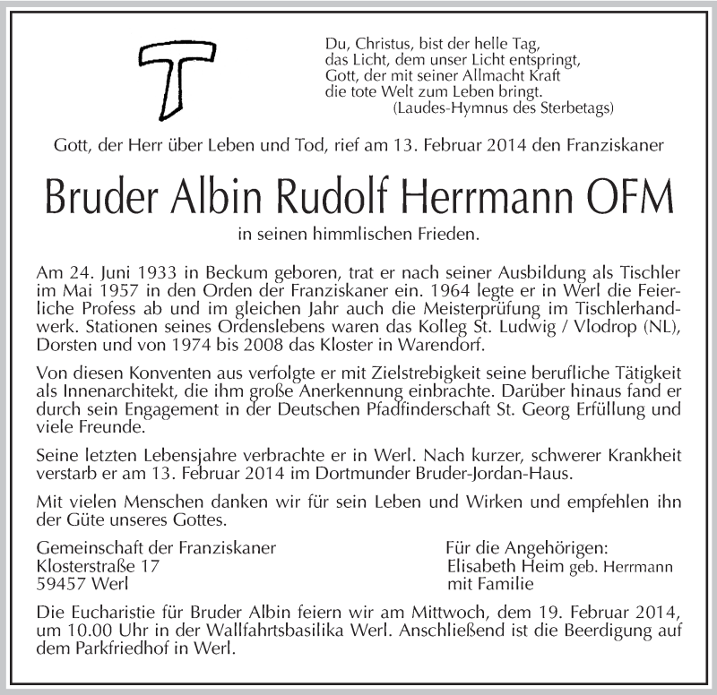  Traueranzeige für Albin Rudolf Herrmann Herrmann vom 15.02.2014 aus MZV