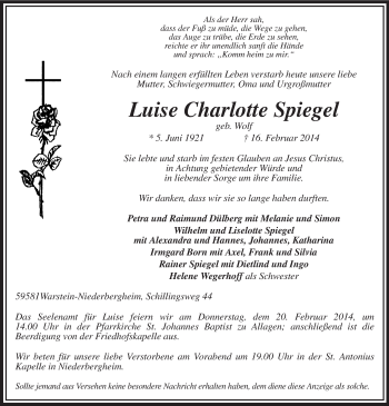Traueranzeige von Luise Charlotte Spiegel von MZV