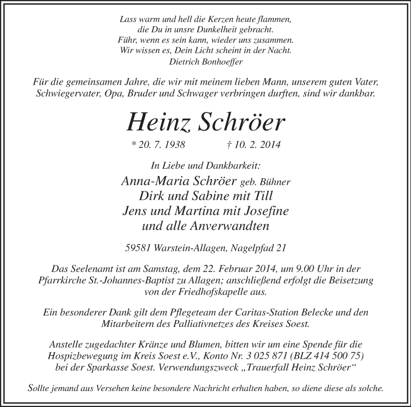  Traueranzeige für Heinz Schröer vom 18.02.2014 aus MZV