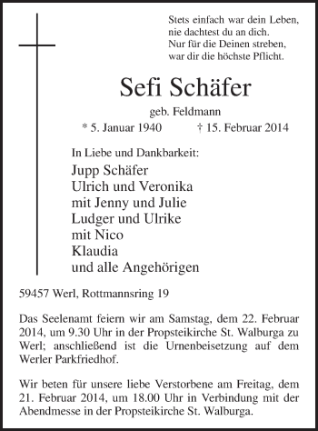 Traueranzeige von Sefi Schäfer von MZV