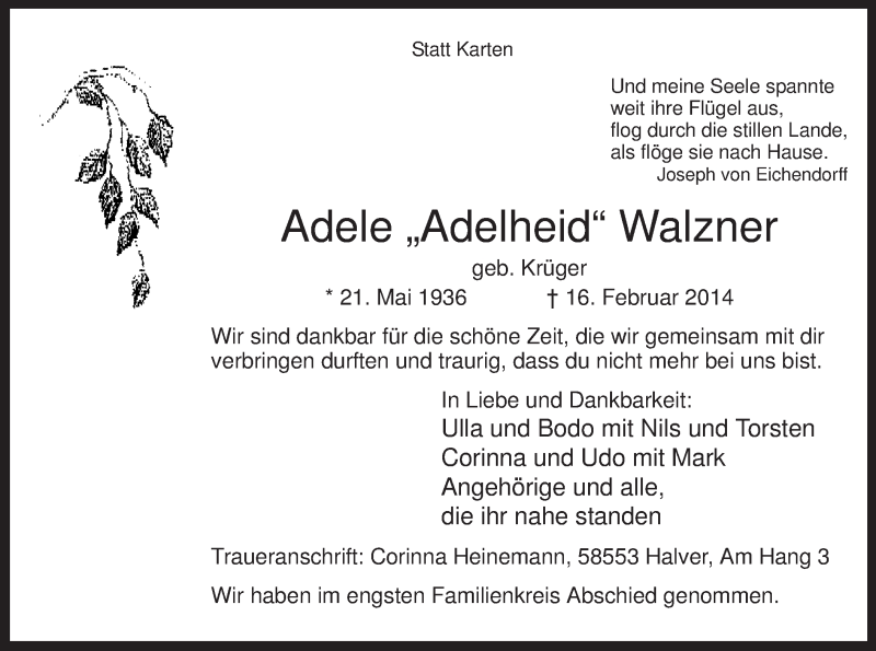  Traueranzeige für Adelheid Walzner vom 22.02.2014 aus MZV