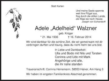 Traueranzeige von Adelheid Walzner von MZV