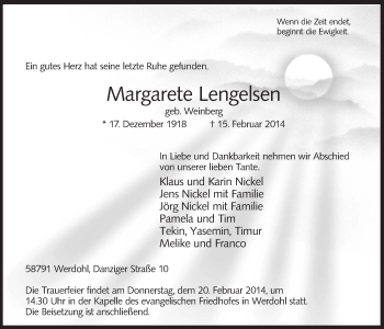 Traueranzeige von Margarete Lengelsen von MZV