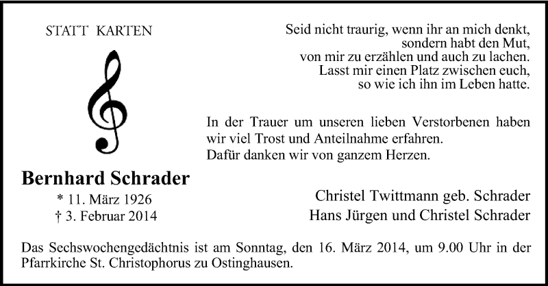  Traueranzeige für Bernhard Schrader vom 08.03.2014 aus MZV