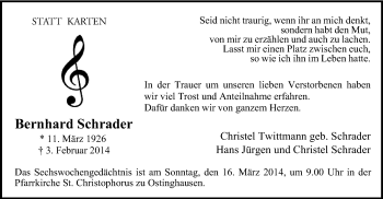 Traueranzeige von Bernhard Schrader von MZV