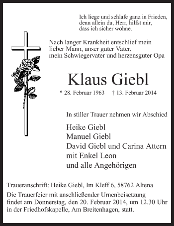 Traueranzeige von Klaus Giebl von MZV