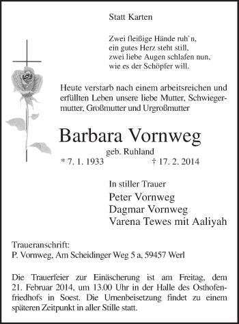 Traueranzeige von Barbara Vornweg von MZV