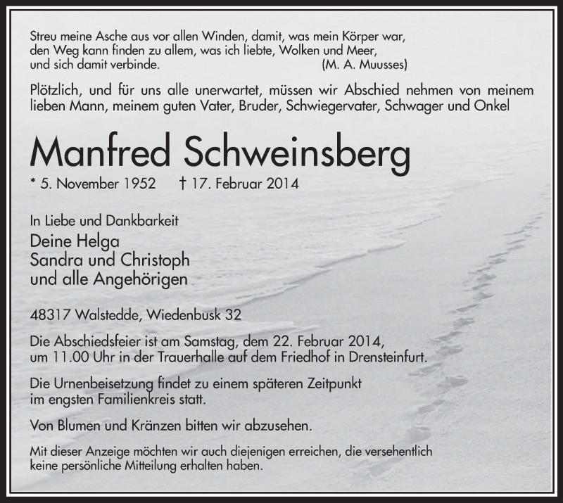  Traueranzeige für Manfred Schweinsberg vom 19.02.2014 aus MZV