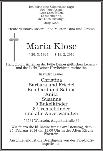 Traueranzeige von Maria Klose von MZV